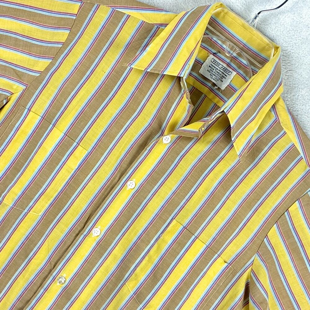 VTG 70s 80s Penn Prest JC Penney Camp Shirt Men 15 (L) Brown Yellow Stripe Retro
